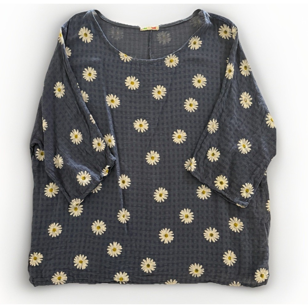 Made in Italy Lagenlook Daisy Top Navy Blue Cotton Oversized Tunic One Size